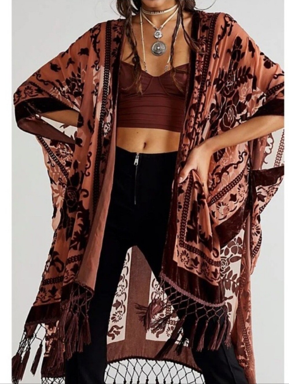 Free People Nightbird Burnout Rose & Chocolate Velvet Floral Kimono Wrap